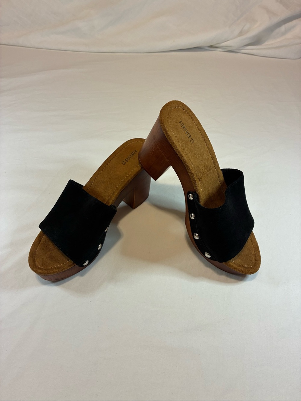 Forever 21 Black Suede Slide Mules with Wood Block Heel